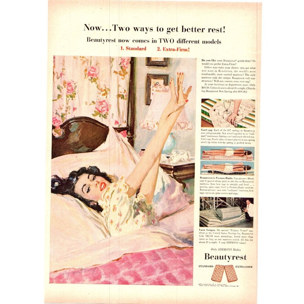 1951 Simmons Beautyrest Mattress Vintage Print Ad Woman in Bed Lipstick Wall Art